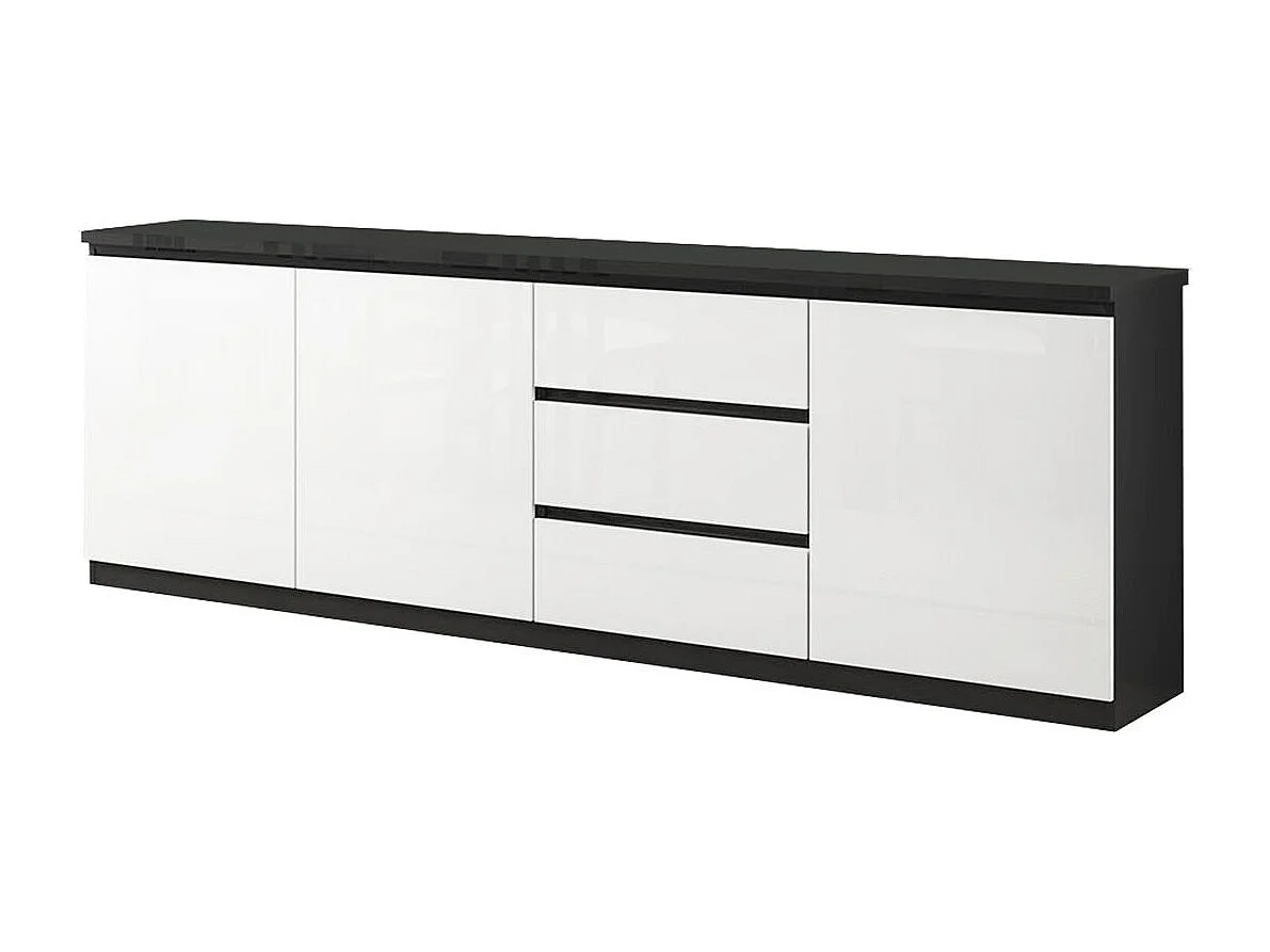 DEYTON - Buffet 3 Portes 3 Tiroirs Laqué Noir et Blanc Brillant