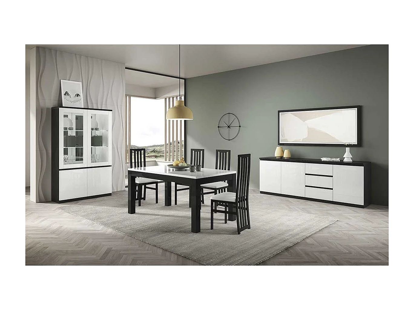 DEYTON - Buffet 3 Portes 3 Tiroirs Laqué Noir et Blanc Brillant