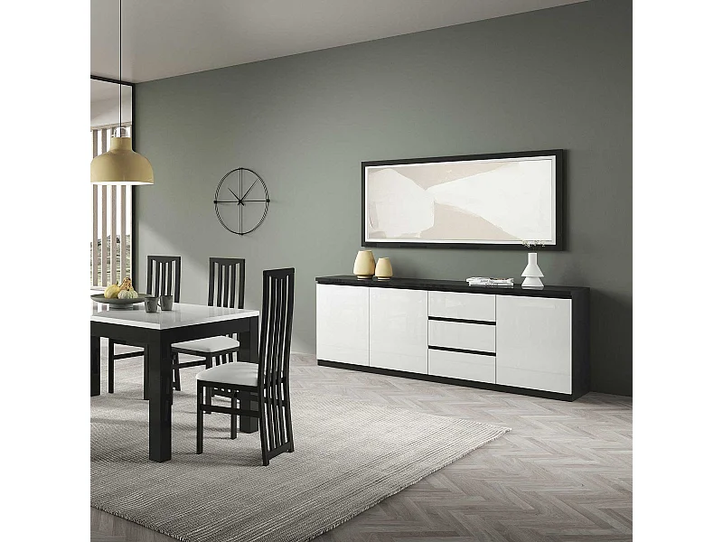 DEYTON - Buffet 3 Portes 3 Tiroirs Laqué Noir et Blanc Brillant