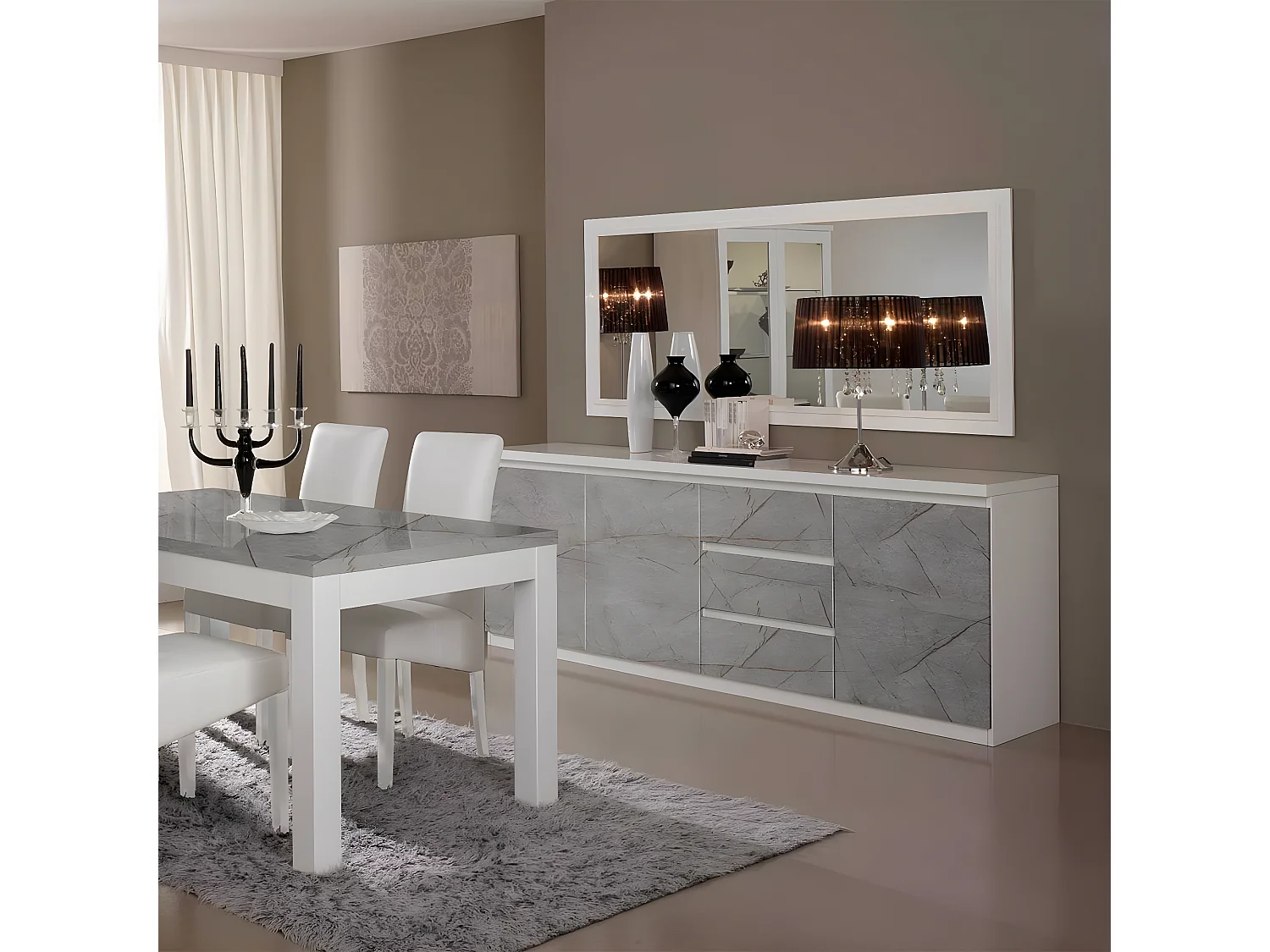 DEYTON - Buffet 3 Portes 3 Tiroirs Laqué Blanc et Gris Marbré