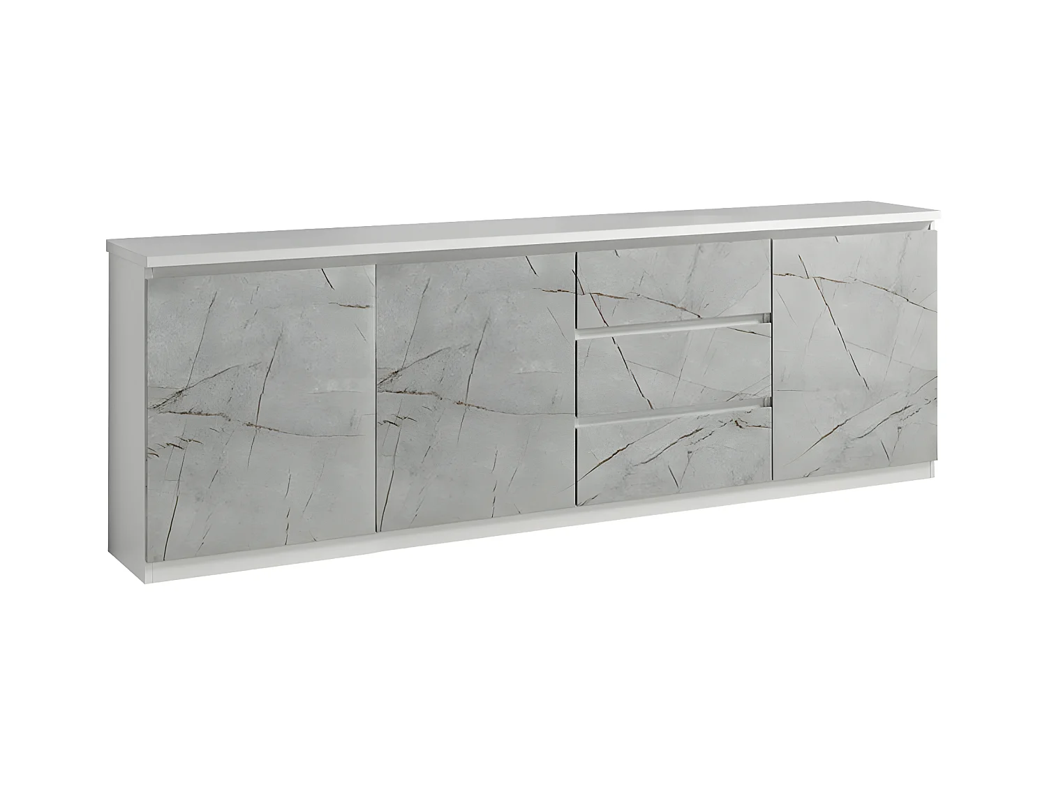 DEYTON - Buffet 3 Portes 3 Tiroirs Laqué Blanc et Gris Marbré