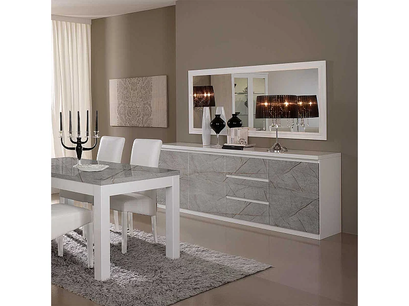 DEYTON - Buffet 3 Portes 3 Tiroirs Laqué Blanc et Gris Marbré