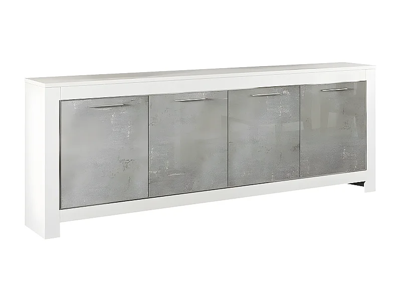 DENAE - Buffet 4 Portes L207cm Laqué Blanc Brillant et Gris Marbré