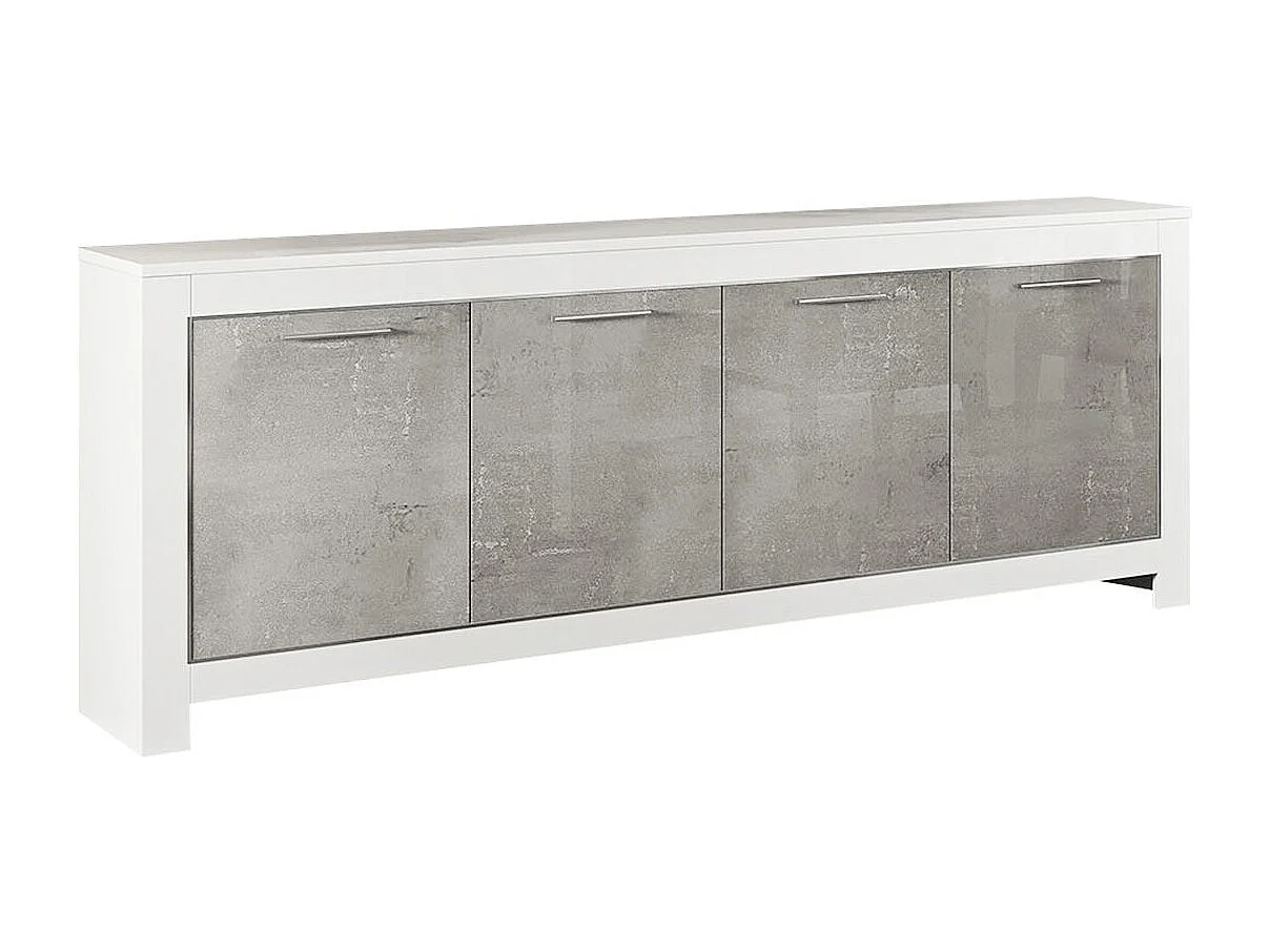 DENAE - Buffet 4 Portes L207cm Laqué Blanc Brillant et Gris Marbré