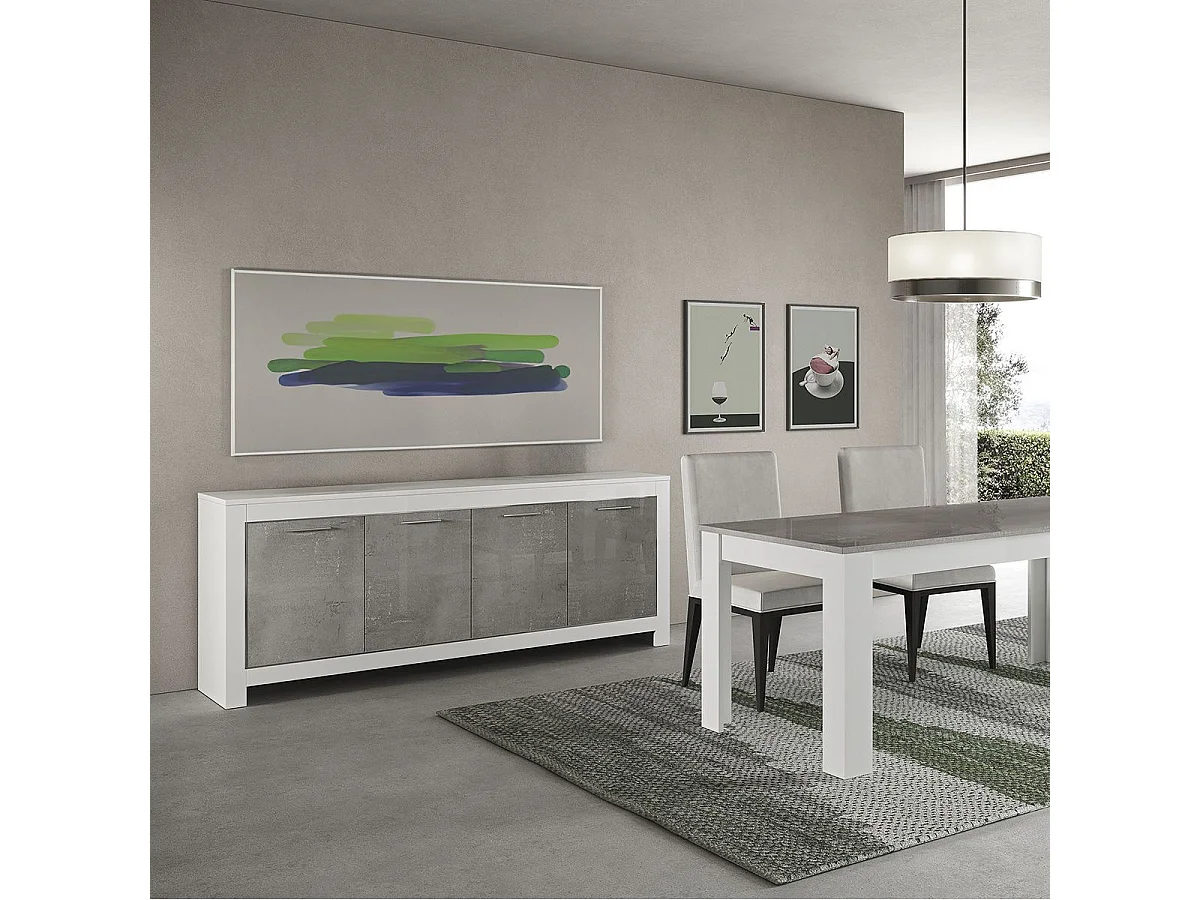 DENAE - Buffet 4 Portes L207cm Laqué Blanc Brillant et Gris Marbré
