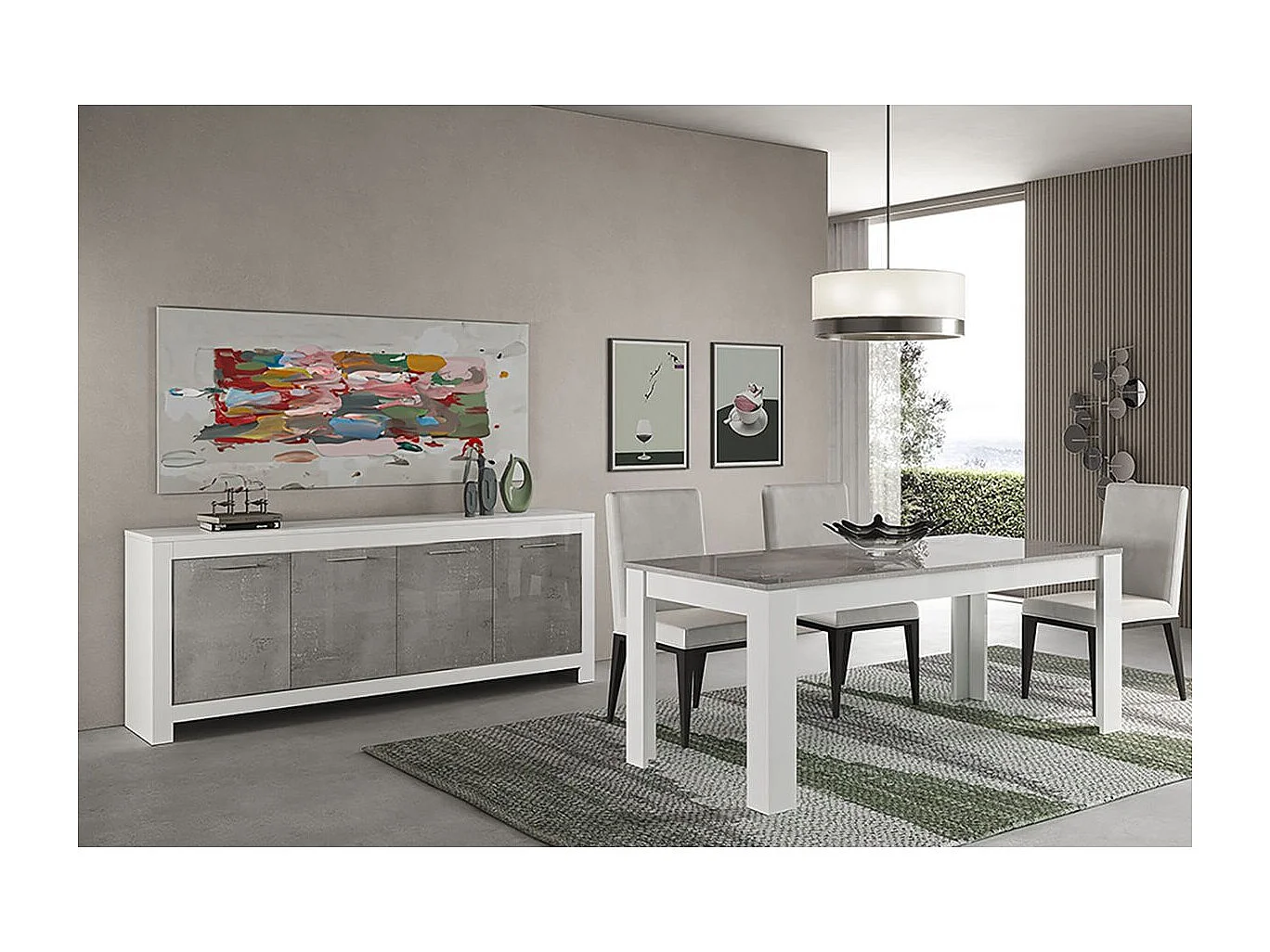 DENAE - Buffet 4 Portes L207cm Laqué Blanc Brillant et Gris Marbré