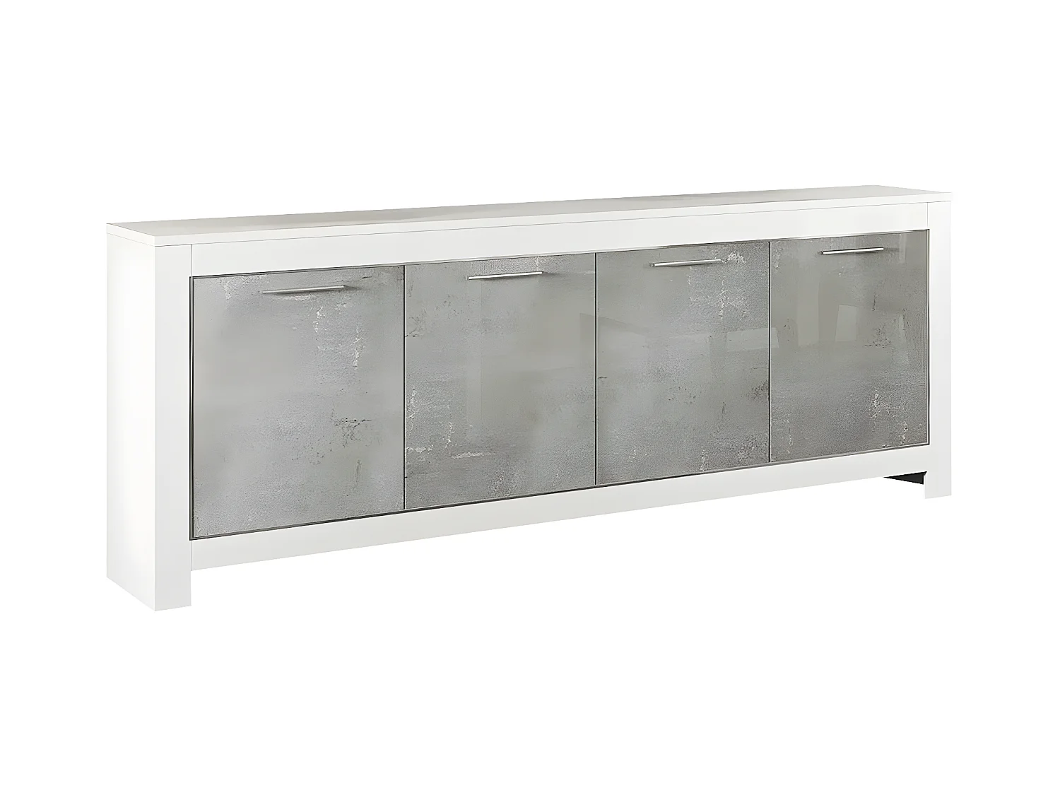 DENAE - Buffet 4 Portes L207cm Laqué Blanc Brillant et Gris Marbré