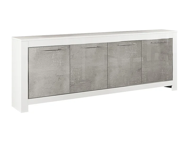 DENAE - Buffet 4 Portes L207cm Laqué Blanc Brillant et Gris Marbré