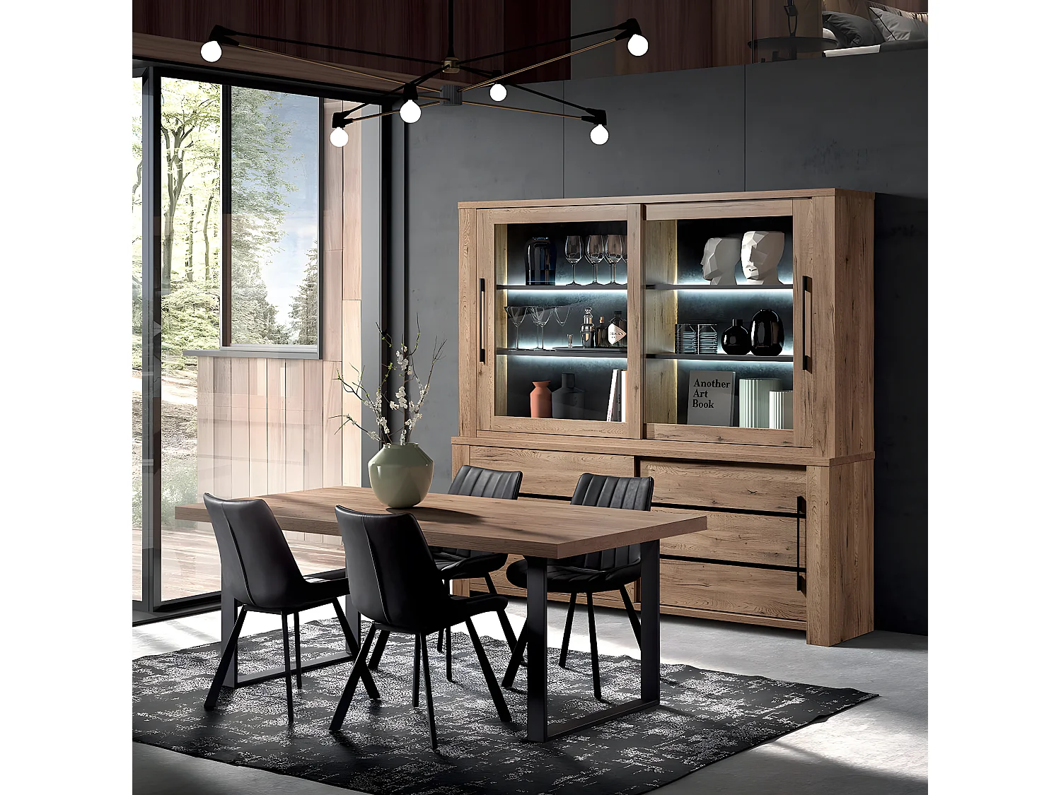NILLA - Vaisselier 2 Portes Aspect Bois avec Eclairage Led