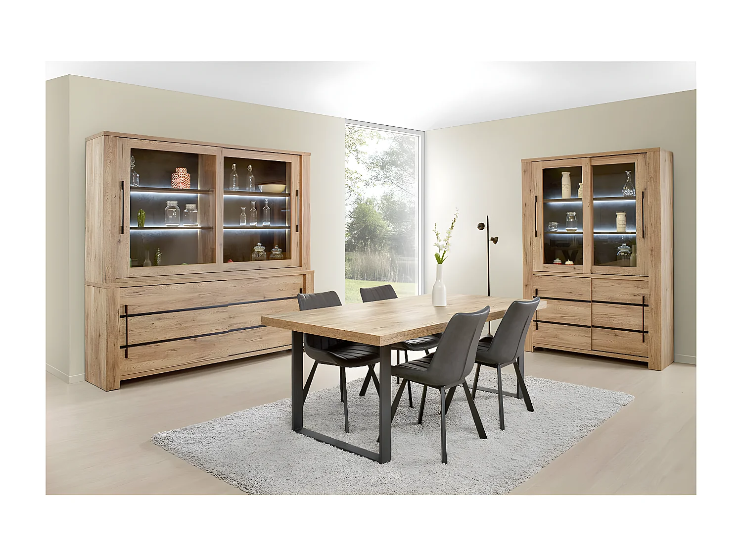 NILLA - Vaisselier 2 Portes Aspect Bois avec Eclairage Led