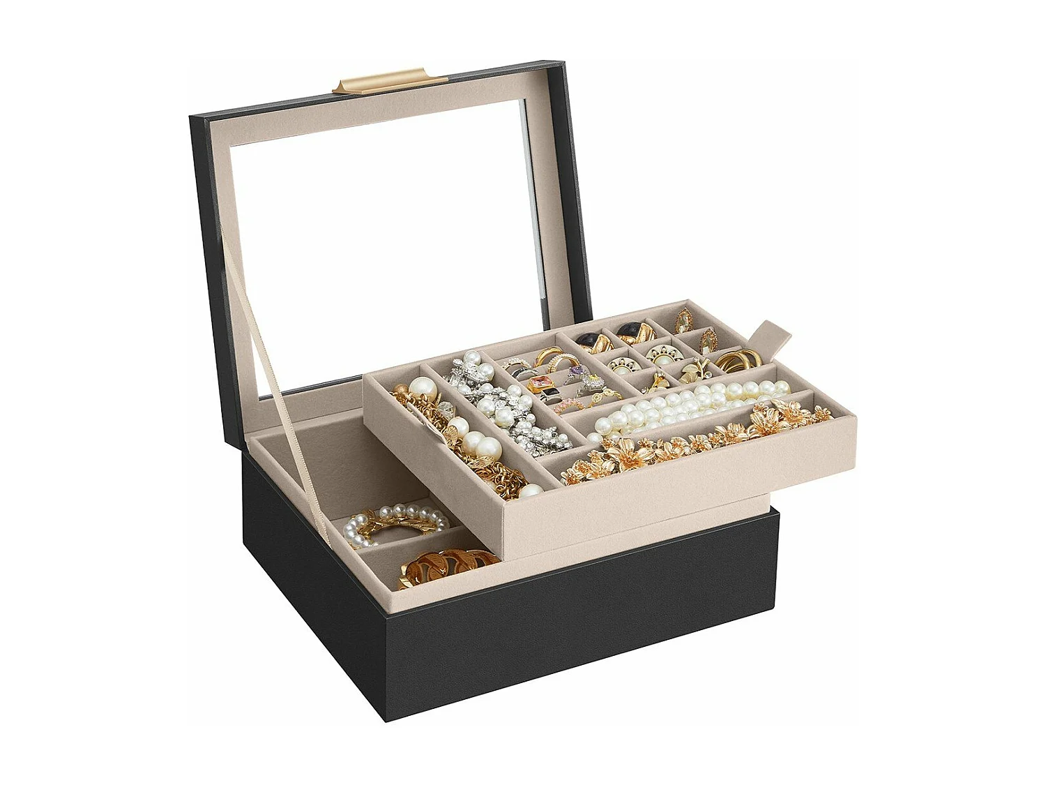 Boîte à bijoux avec couvercle vitré et finitions dorées