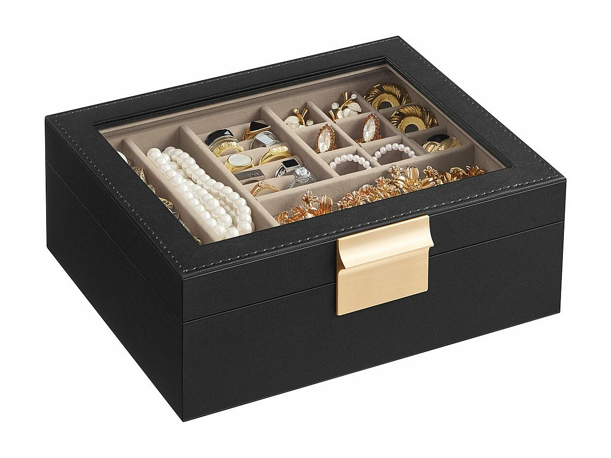 Boîte à bijoux avec couvercle vitré et finitions dorées