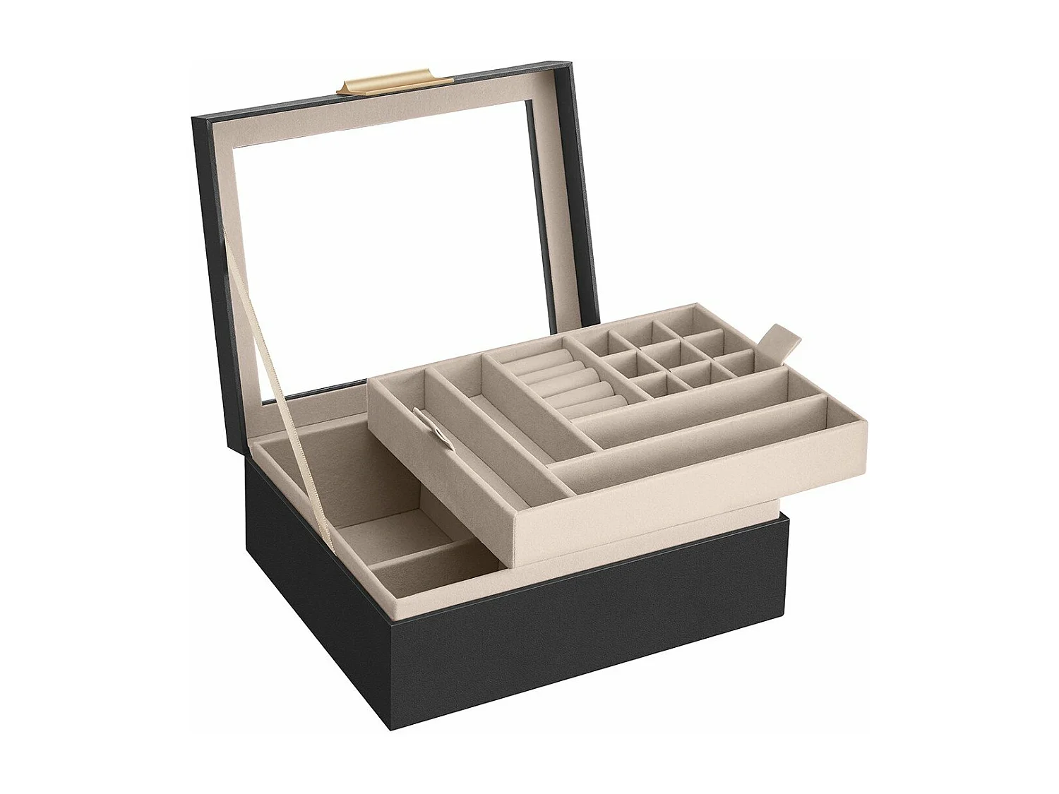 Boîte à bijoux avec couvercle vitré et finitions dorées