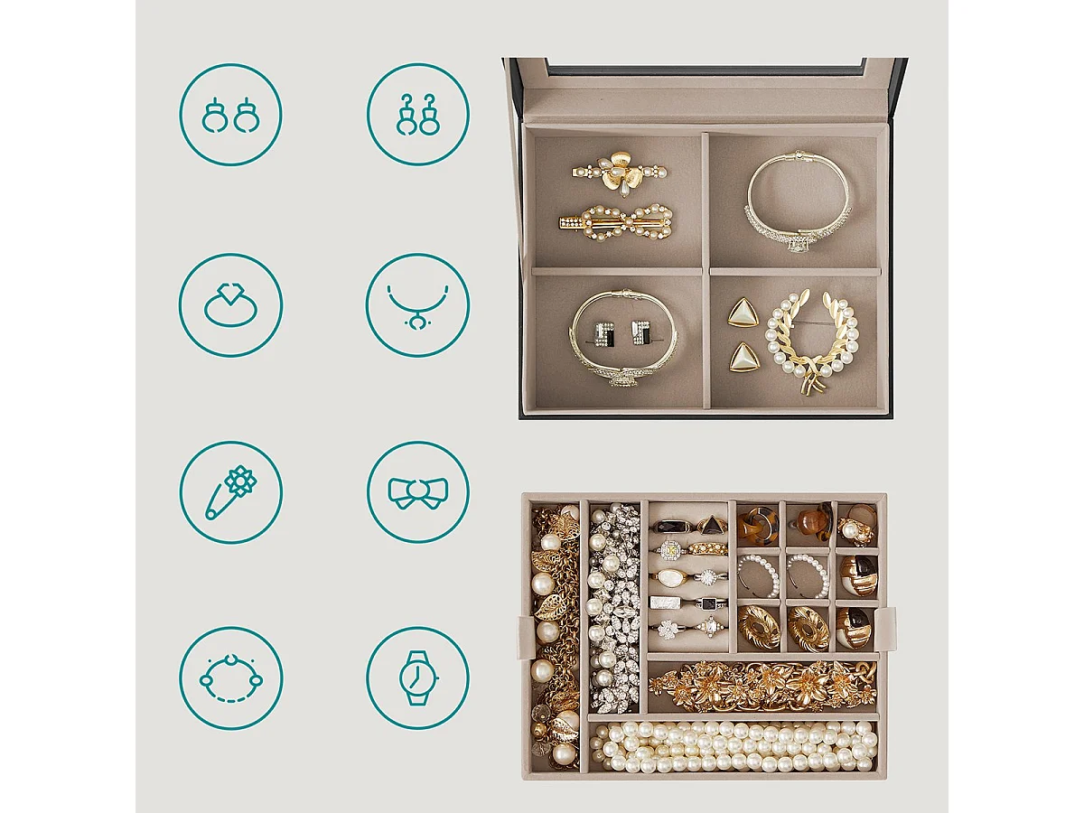 Boîte à bijoux avec couvercle vitré et finitions dorées