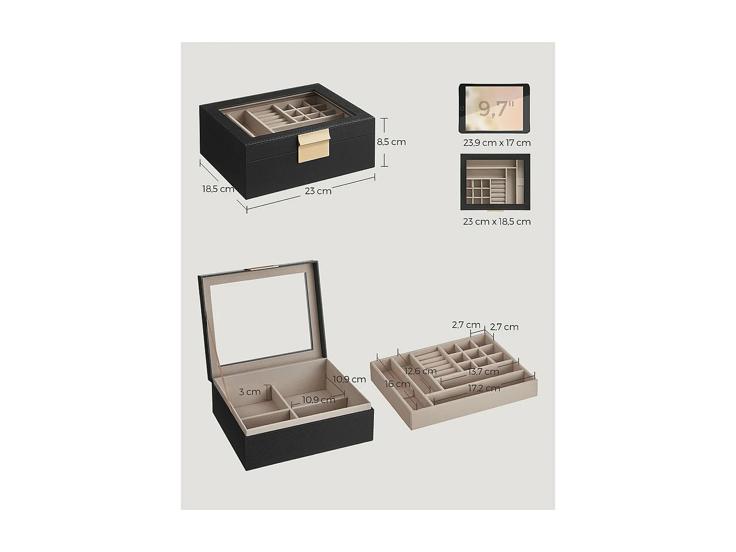 Boîte à bijoux avec couvercle vitré et finitions dorées