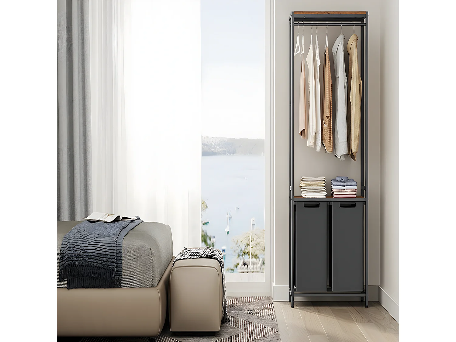 Meuble de rangement salle de bain avec panier à linge intégré - H175 cm