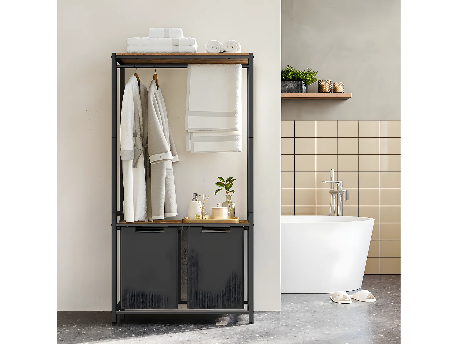 Meuble de rangement salle de bain avec panier à linge intégré - H175 cm