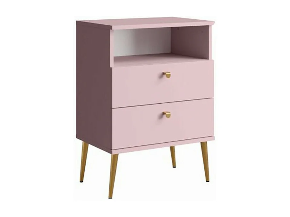 Table de Chevet 2 Tiroirs avec Niche - rose et pieds en métal doré - Collection Aurora