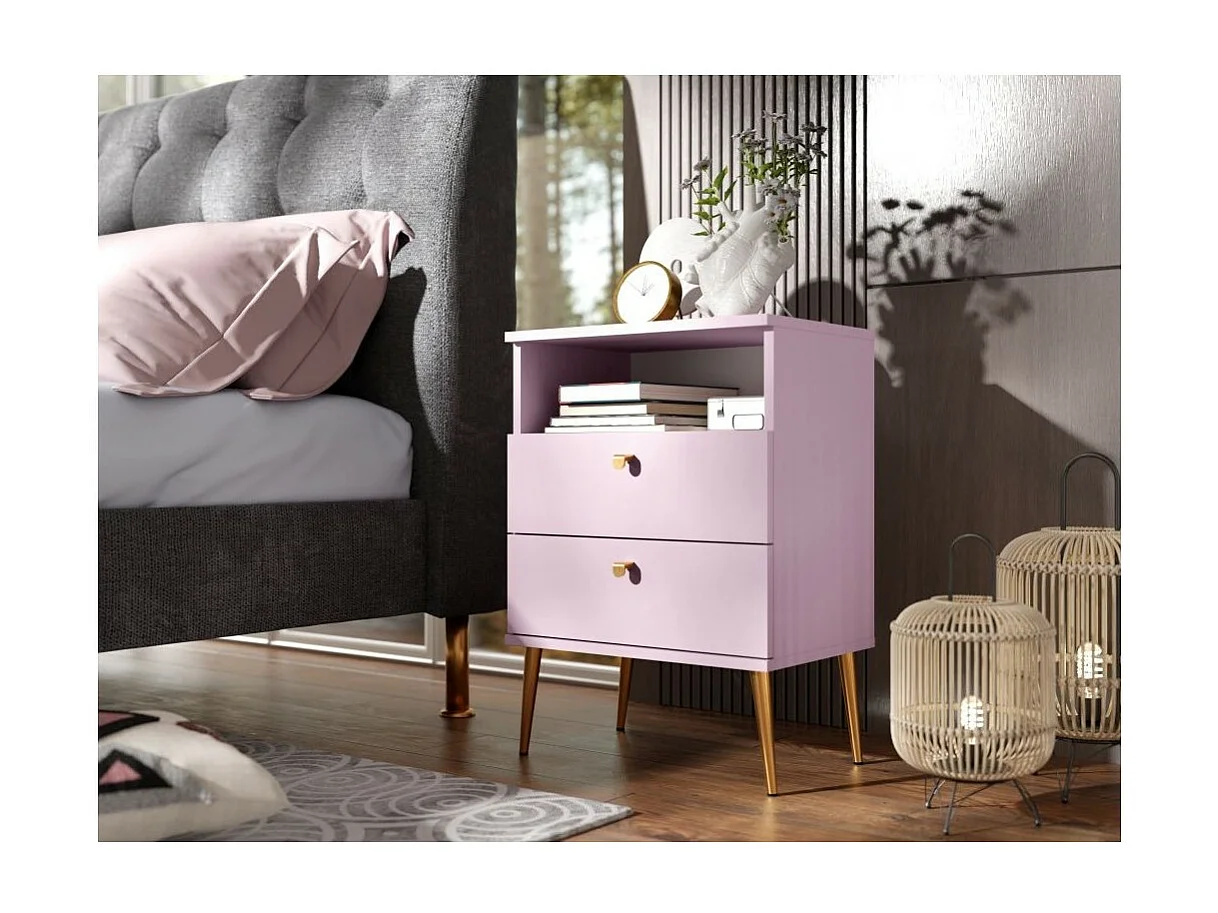 Table de Chevet 2 Tiroirs avec Niche - rose et pieds en métal doré - Collection Aurora