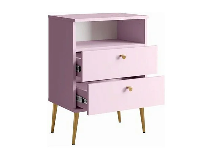 Table de Chevet 2 Tiroirs avec Niche - rose et pieds en métal doré - Collection Aurora