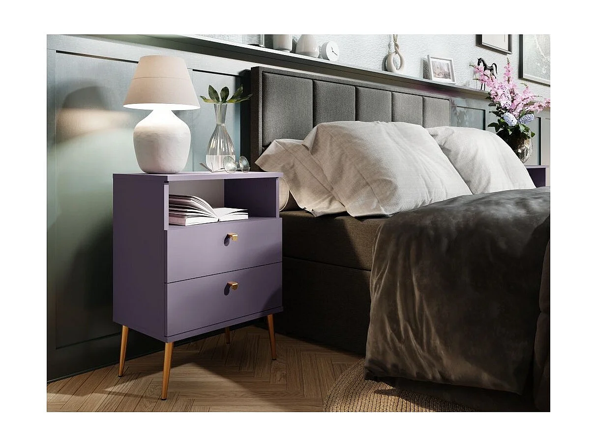 Table de Chevet 2 Tiroirs avec Niche - Violette et pieds en métal doré - Collection Aurora