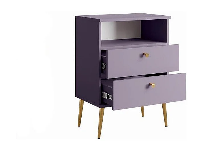 Table de Chevet 2 Tiroirs avec Niche - Violette et pieds en métal doré - Collection Aurora