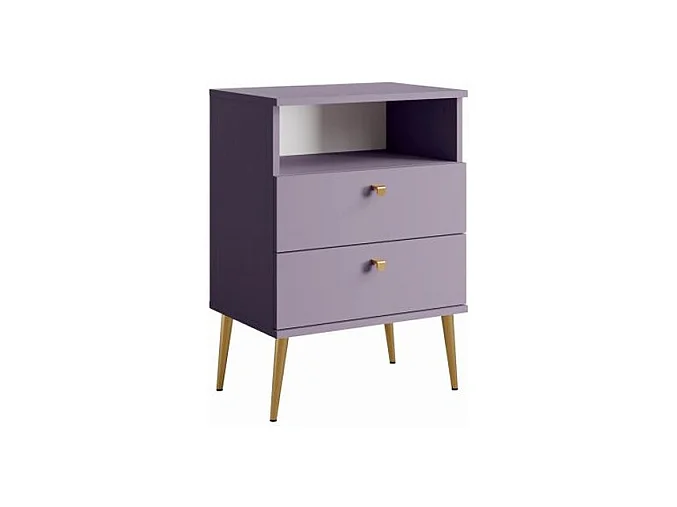 Table de chevet AURORA – 2 tiroirs + niche – Violet et pieds dorés
