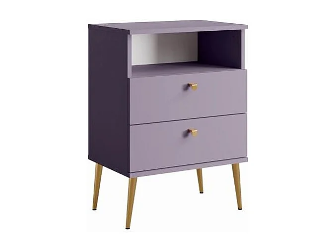 Table de Chevet 2 Tiroirs avec Niche - Violette et pieds en métal doré - Collection Aurora
