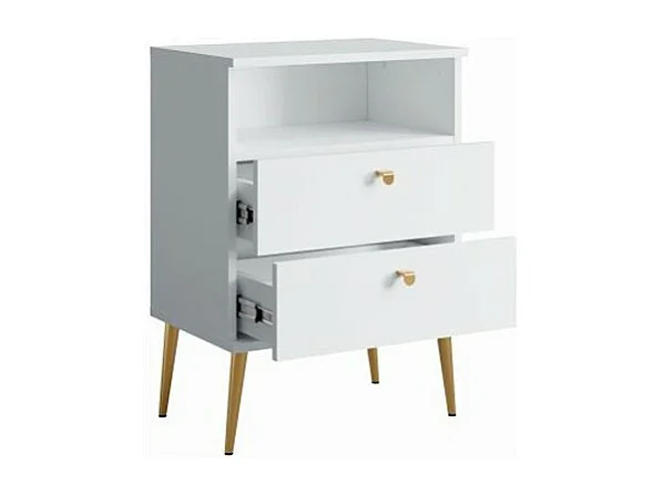 Nachttisch AURORA – 2 Schubladen + Ablage – Alpinweiß und goldene Füße