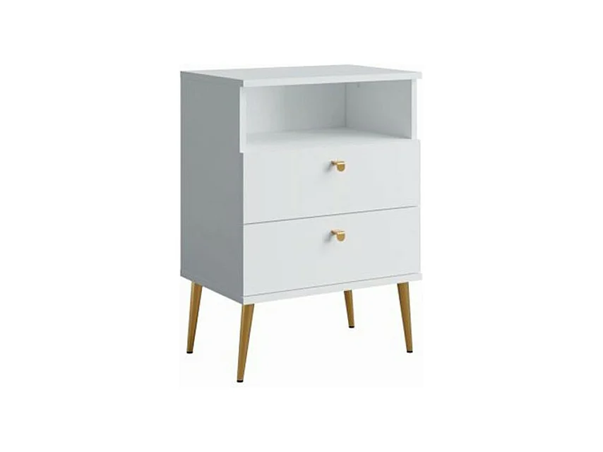 Table de chevet AURORA – 2 tiroirs + niche – Blanc alpin et pieds dorés