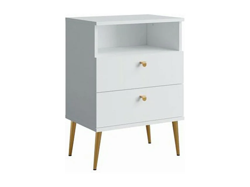 Nachtkastje AURORA – 2 lades + open vak – Alpenwit en gouden poten