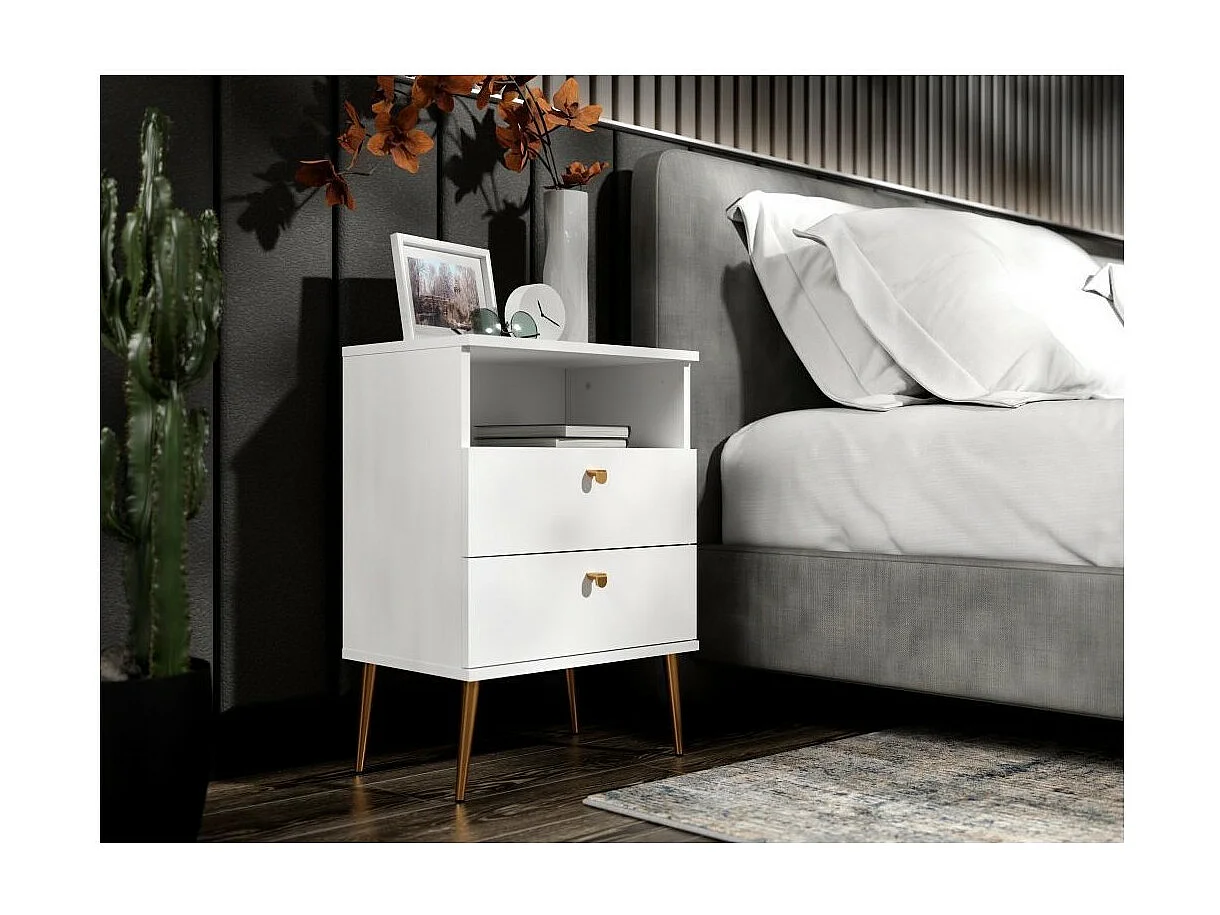 Nachtkastje AURORA – 2 lades + open vak – Alpenwit en gouden poten