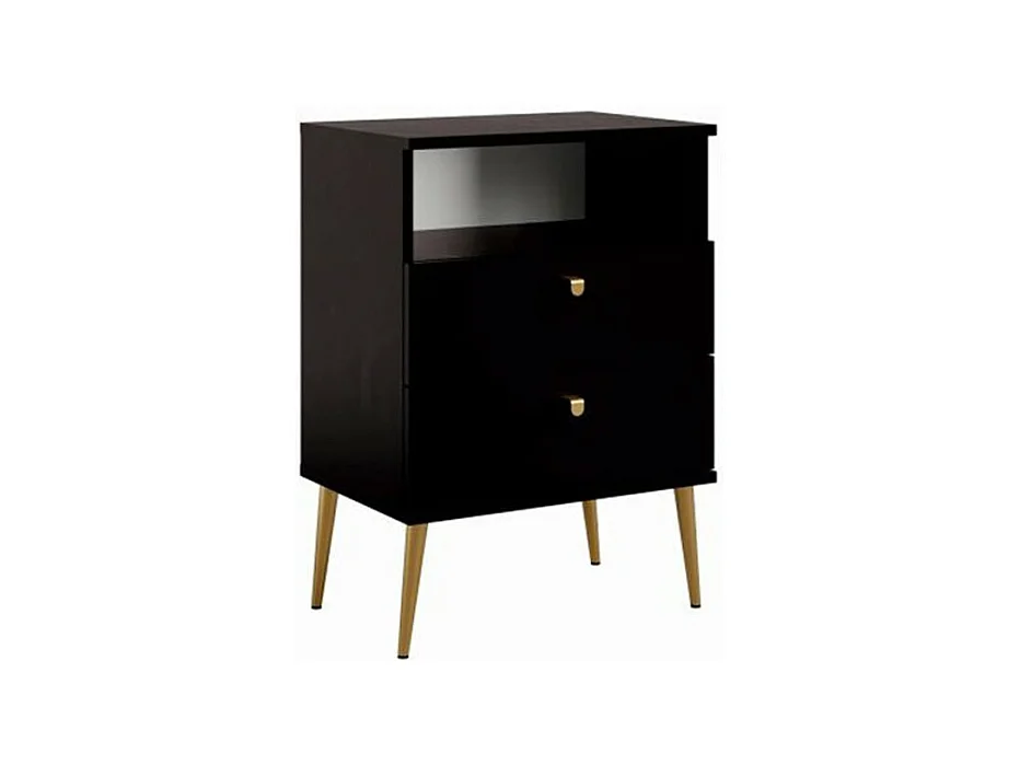 Table de chevet AURORA – 2 tiroirs + niche – Noir et pieds dorés