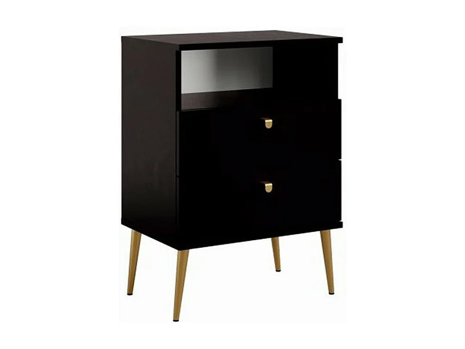 Table de chevet AURORA – 2 tiroirs + niche – Noir et pieds dorés
