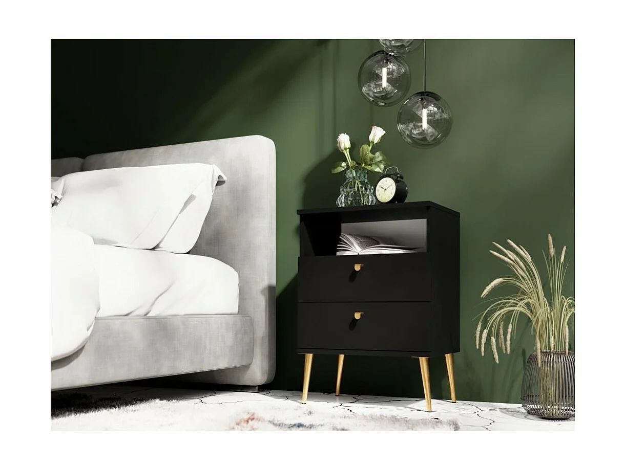 Table de chevet AURORA – 2 tiroirs + niche – Noir et pieds dorés