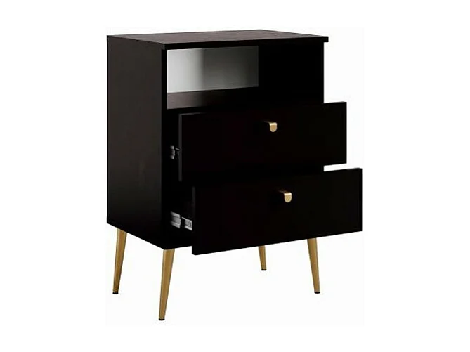 Table de chevet AURORA – 2 tiroirs + niche – Noir et pieds dorés