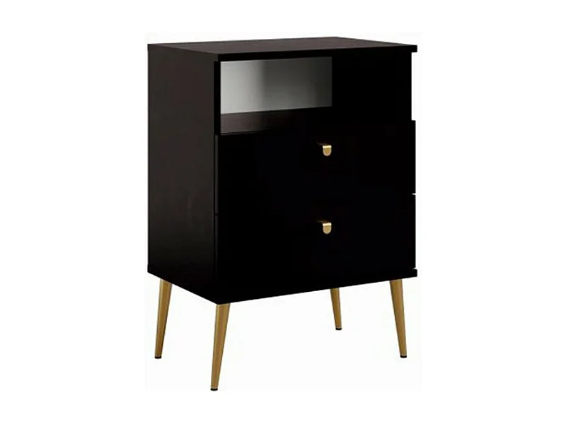 Table de Chevet 2 Tiroirs avec Niche - Noire et pieds en métal doré - Collection Aurora