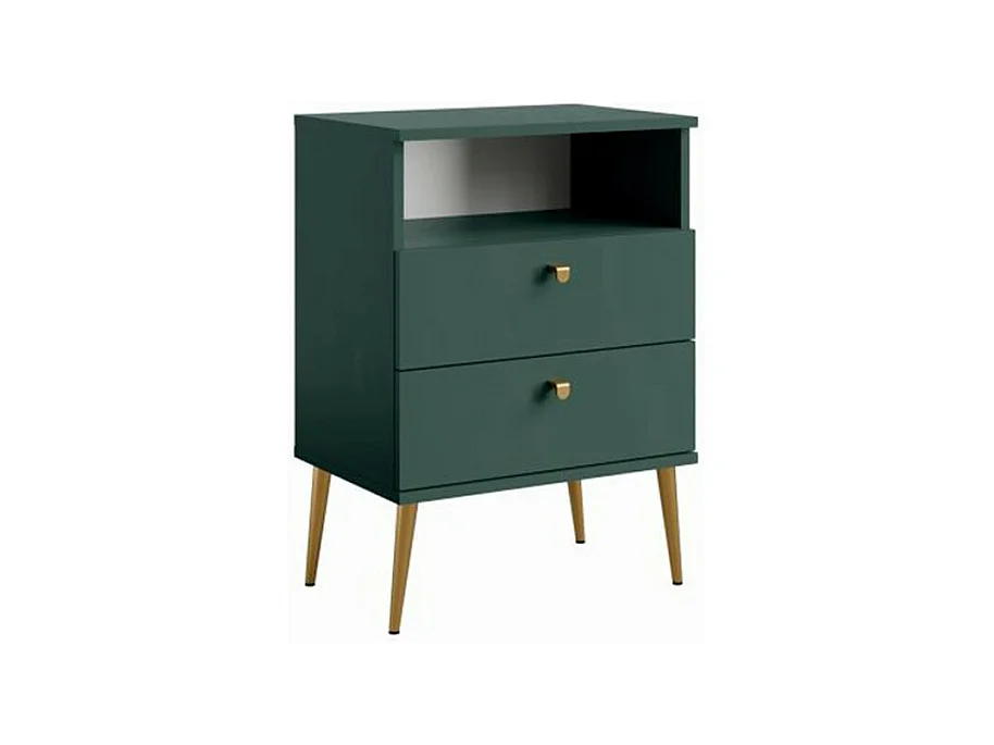 Table de Chevet 2 Tiroirs avec Niche - verte et pieds en métal doré - Collection Aurora