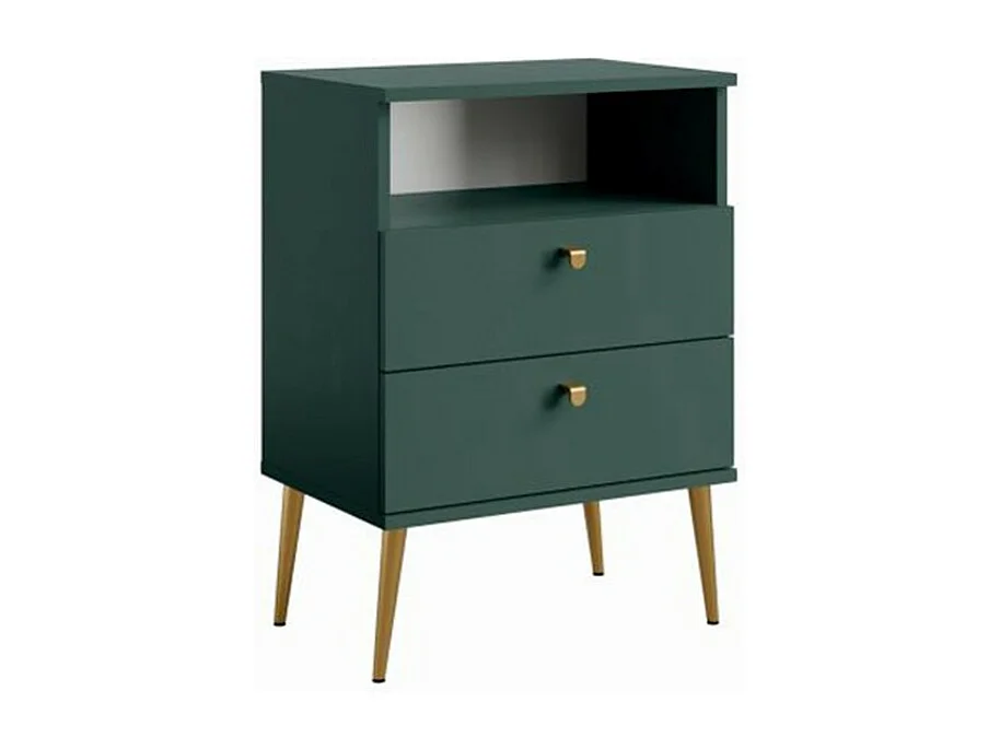 Nachtkastje met 2 Laden en Open Vak - groen en gouden metalen poten - Collectie Aurora
