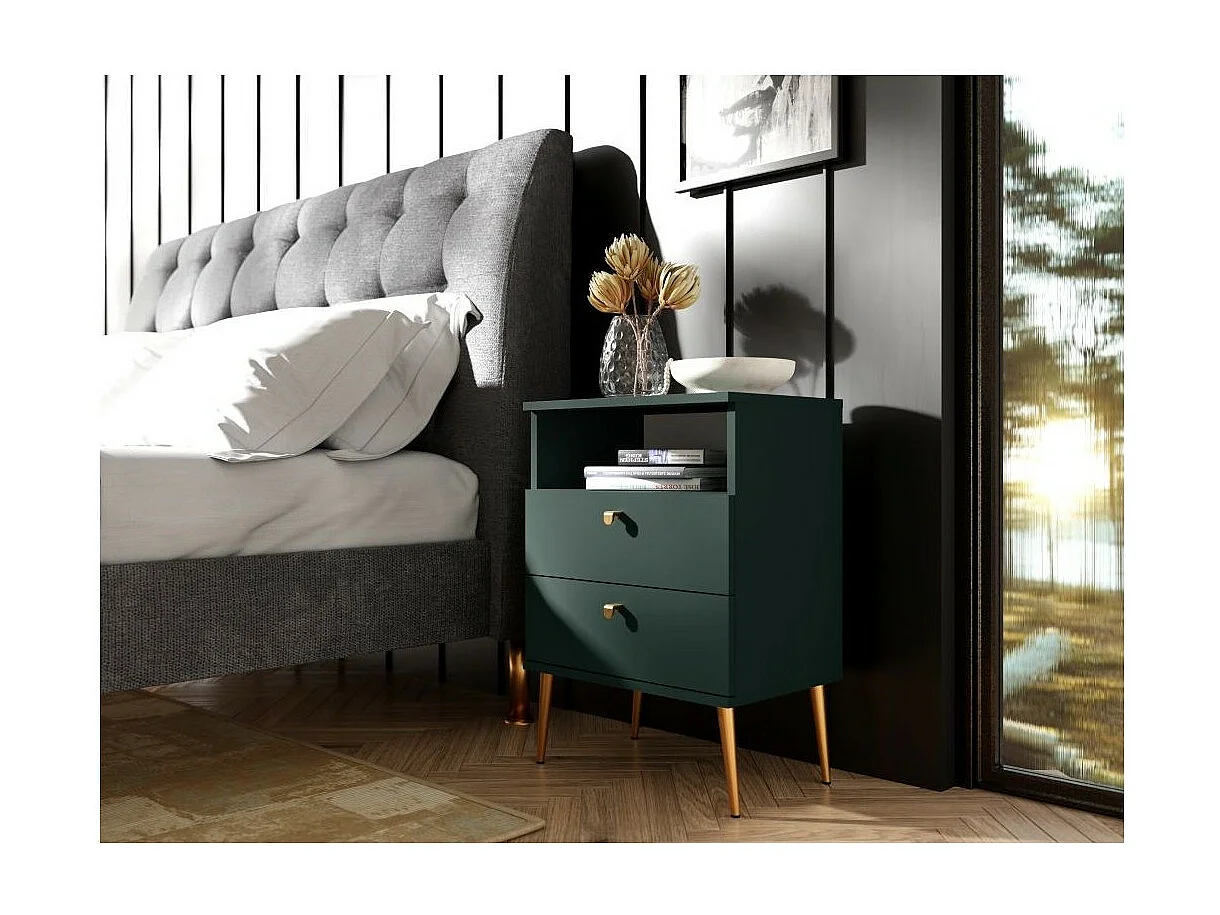 Nachtkastje met 2 Laden en Open Vak - groen en gouden metalen poten - Collectie Aurora