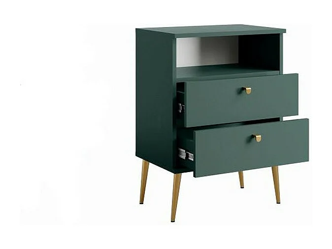 Nachtkastje met 2 Laden en Open Vak - groen en gouden metalen poten - Collectie Aurora