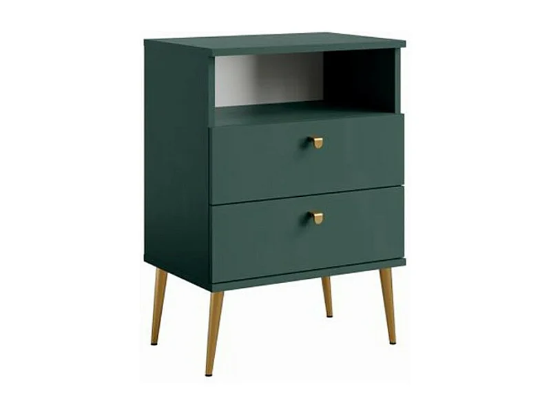 Nachtkastje met 2 Laden en Open Vak - groen en gouden metalen poten - Collectie Aurora