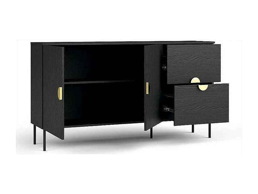 Woonkamer meubelset: TV-meubel, salontafel, buffetkast, vitrinekast, zwart met gouden handvatten, collectie MONDO