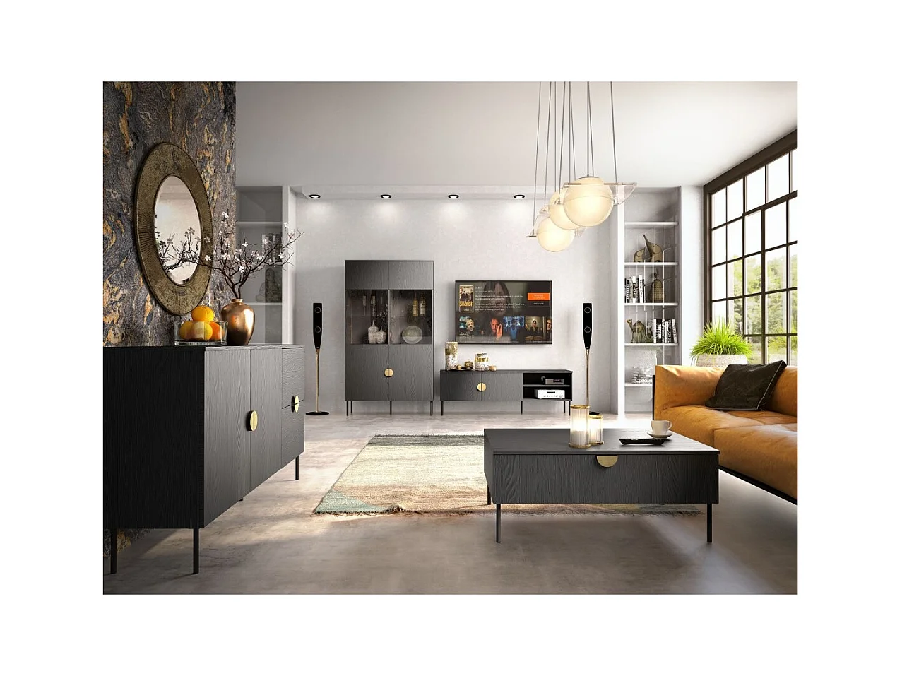 Wohnzimmermöbelset: Fernsehschrank, Couchtisch, Buffet, Vitrine, schwarz mit goldenen Griffen, Kollektion MONDO