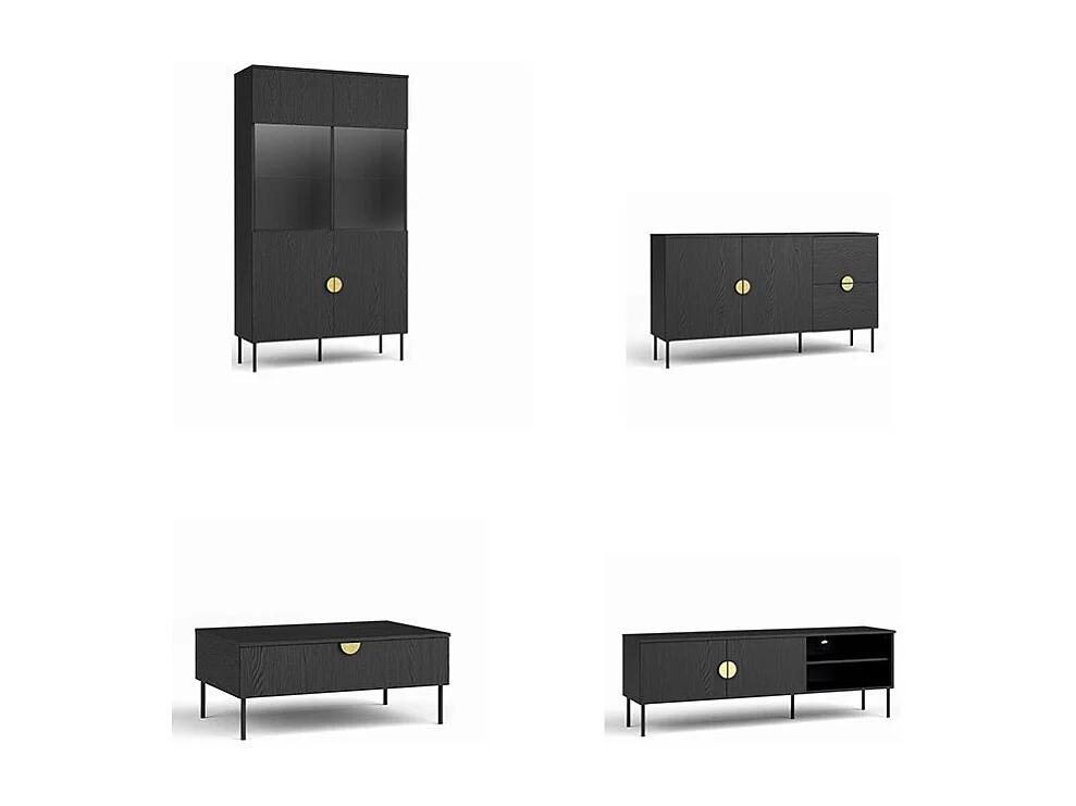 Ensemble meubles salon : Meuble TV, table basse, buffet, vitrine, noir avec poignées dorées, collection MONDO