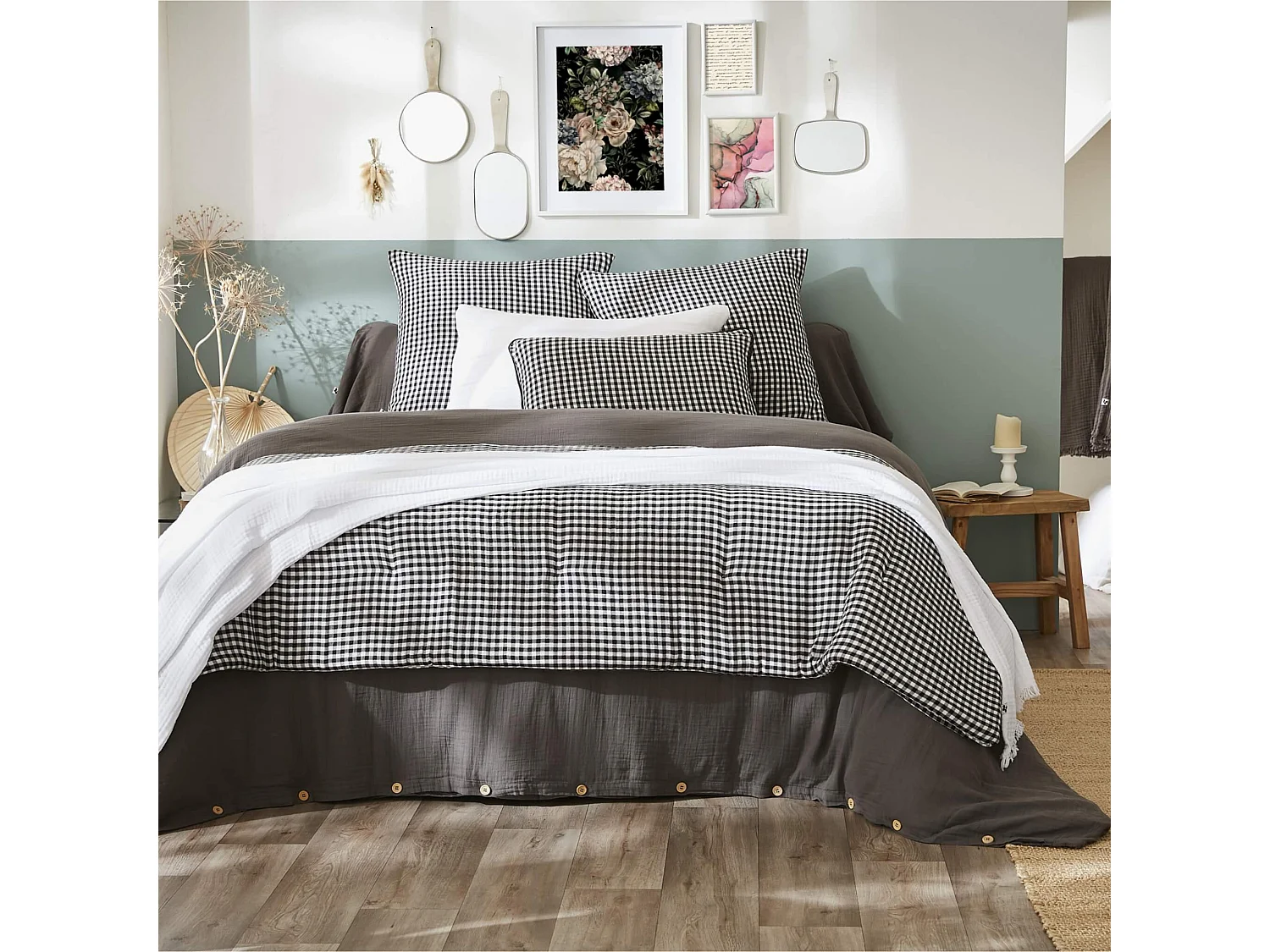 Taie d'oreiller gaze de coton imprimé vichy 60x60 Noir