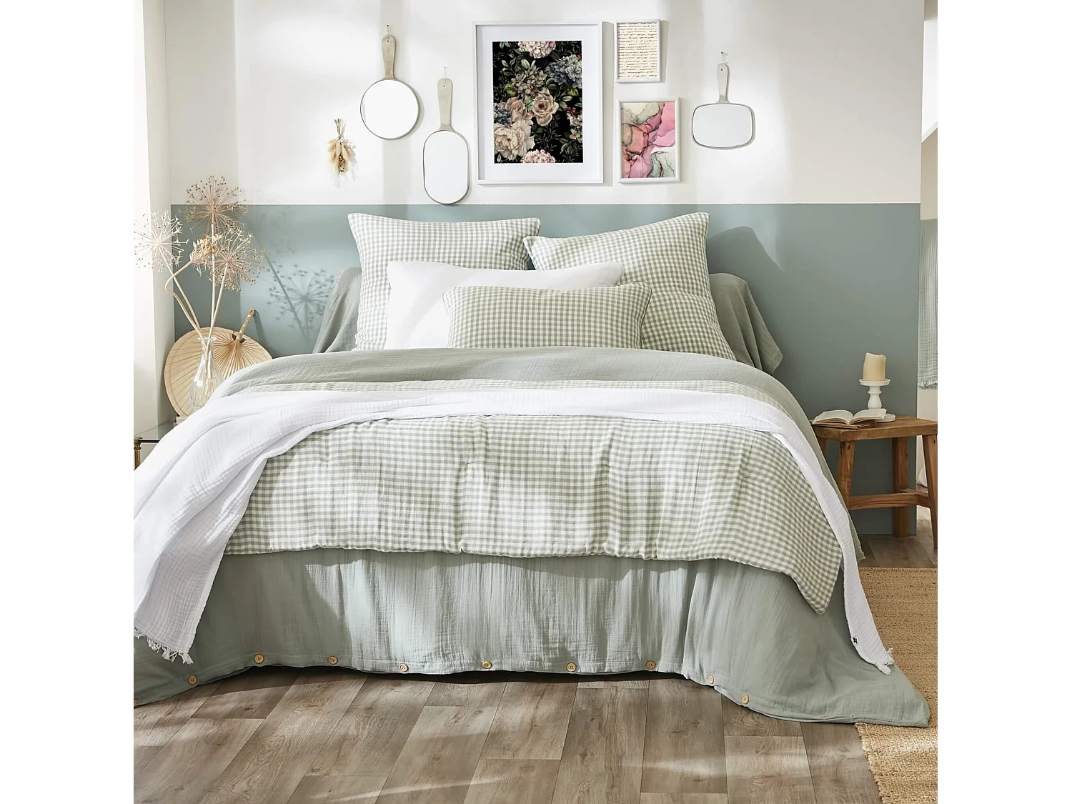 Taie d'oreiller gaze de coton imprimé vichy 60x60 Vert