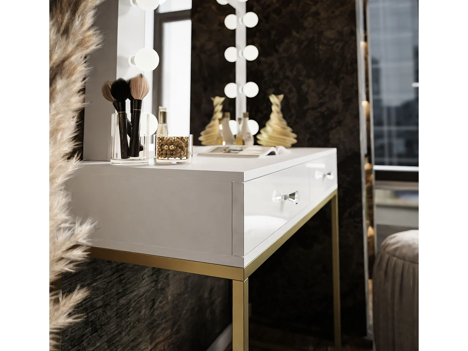 Coiffeuse BLANCO GOLD LED, Doré mat / blanc brillant, poignée - cristal blanc