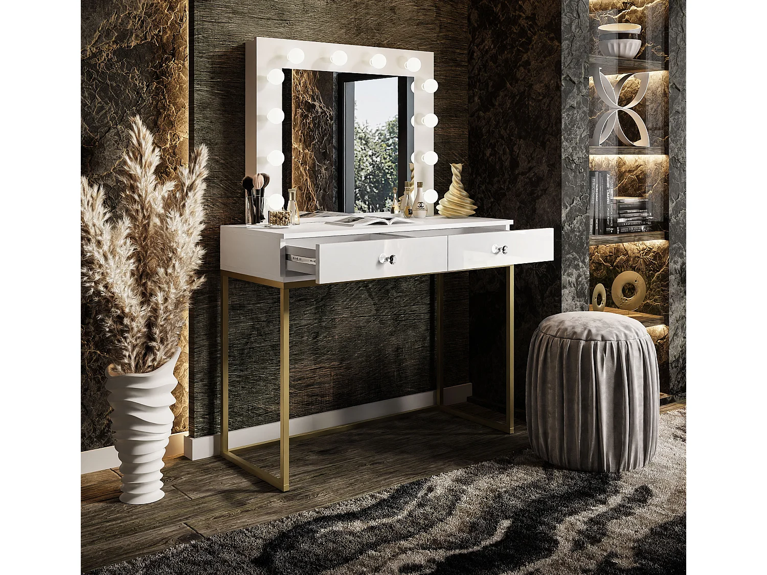 Coiffeuse BLANCO GOLD LED, Doré mat / blanc brillant, poignée - cristal blanc