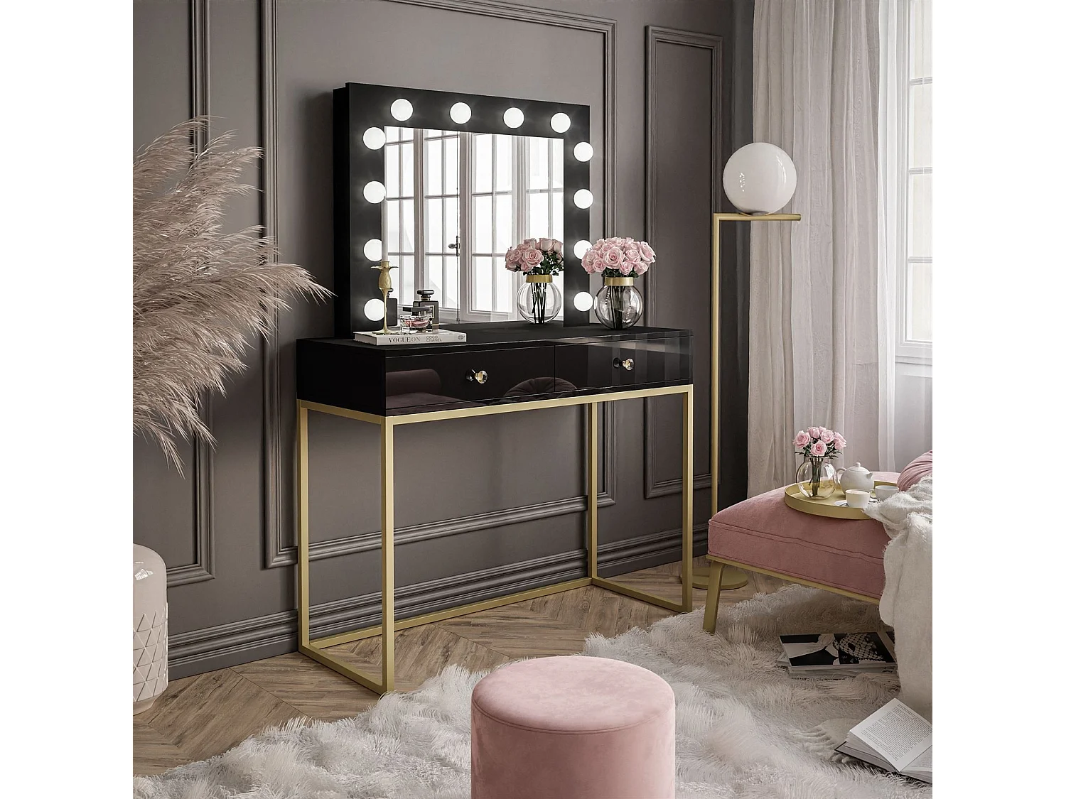Coiffeuse BLANCO GOLD LED, Doré mat / noir brillant, poignée - cristal blanc